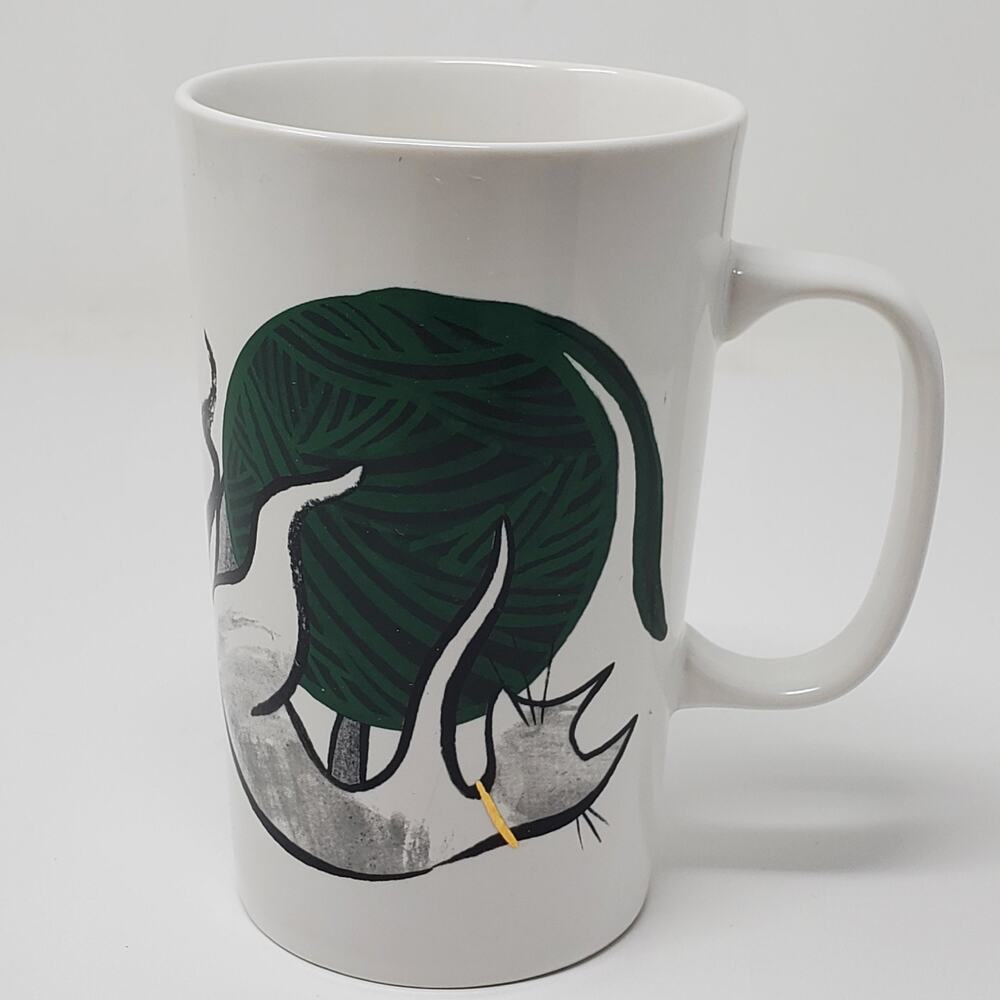 Starbucks 2015 Ceramic Mug Cat Playing w/Green Ball of Yarn 16 ounces Some Wear